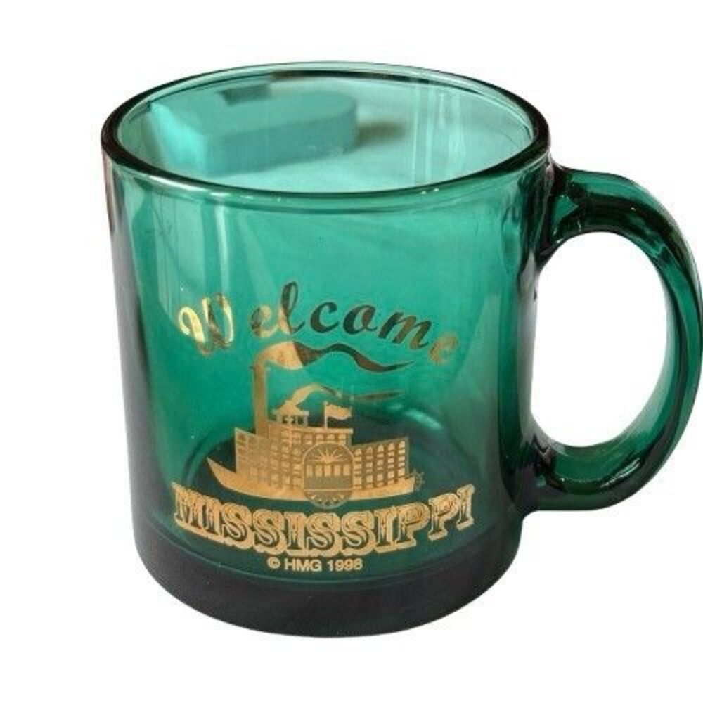 Vintage Welcome Mississippi Glass Cup HMG 1998 Gold Steamboat and Lettering